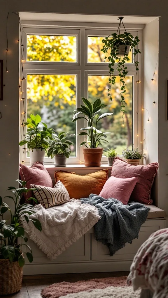 Cozy window seat with colorful pillows, blankets, and plants