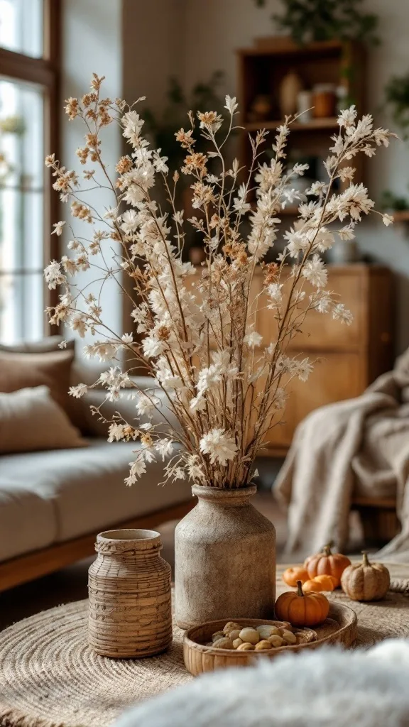 Living room with dried flowers in a vase, cozy decor elements, and natural tones