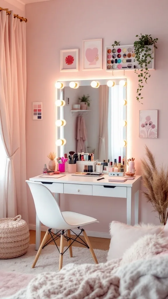 Stylish makeup vanity in a teen girl's bedroom with a mirror, lights, and organized makeup products.