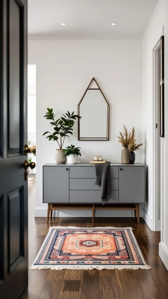 A midcentury style entryway featuring a gray console table, a decorative rug, and plants