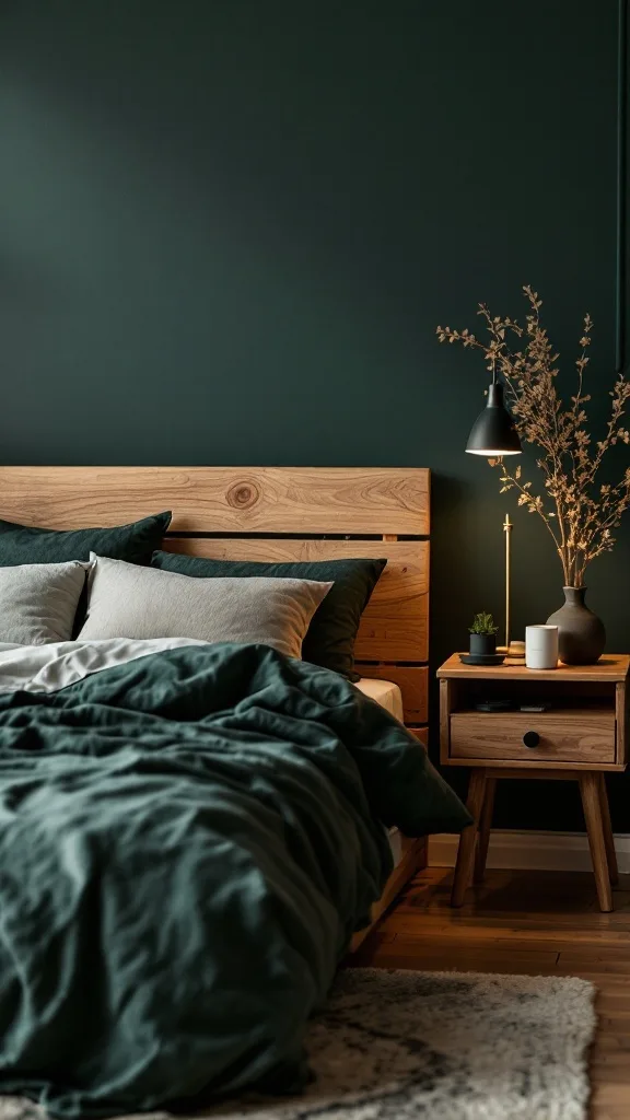 A cozy bedroom featuring dark green walls, wooden furniture, and soft bedding.