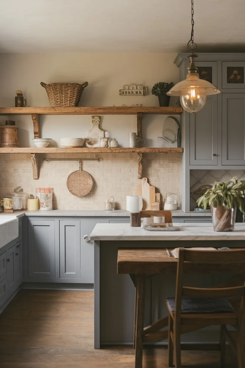 Cozy kitchen with gray cabinets, wooden shelves, and rustic decor