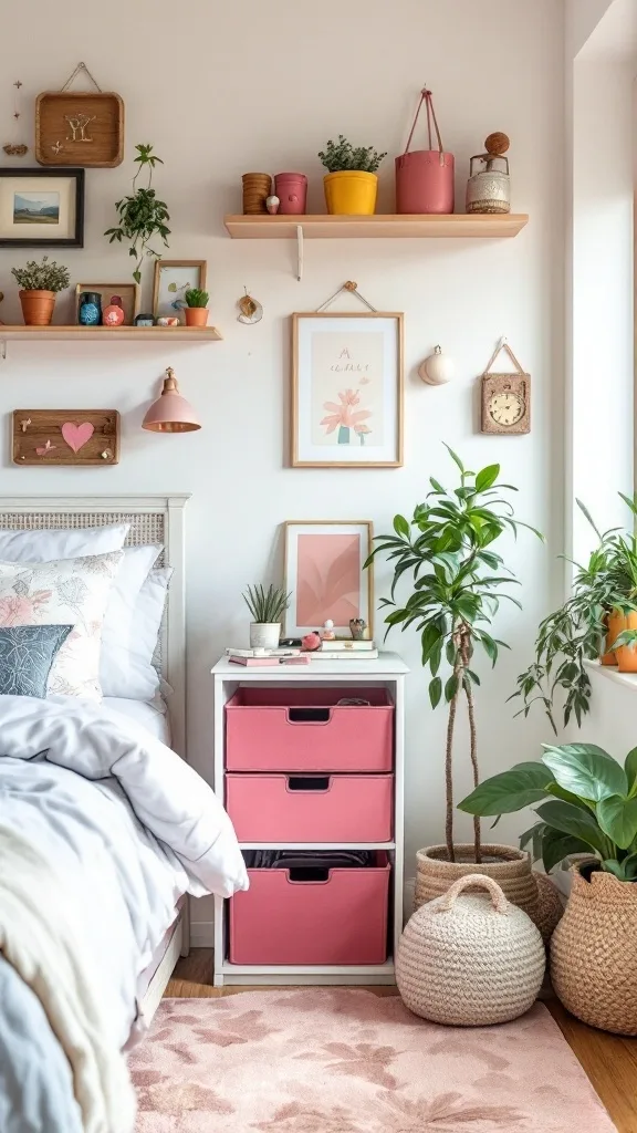 A teen girl's bedroom featuring storage solutions with pink drawers, decorative shelves, and baskets.