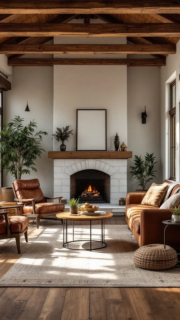 Rustic living room featuring leather furniture and wooden elements, with a fireplace and plants.