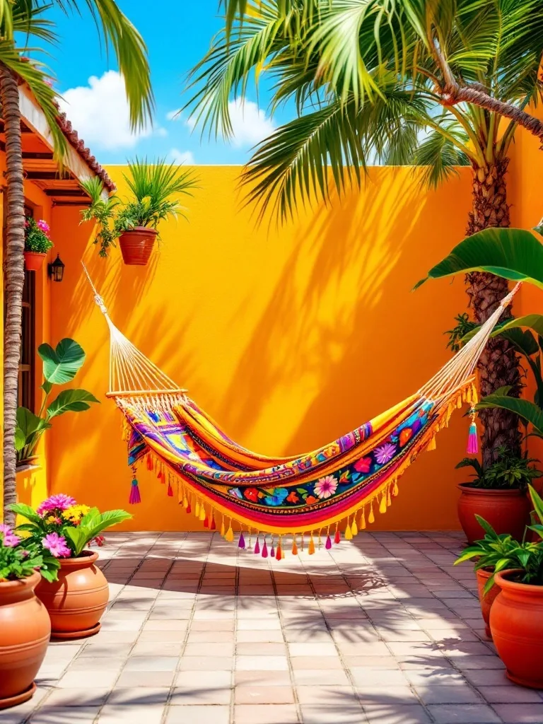 Vibrant Mexican hammock hanging in a sunny patio surrounded by plants and colorful pots