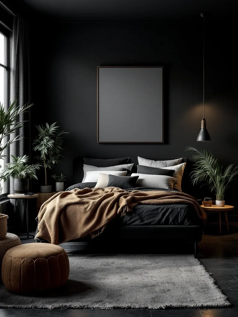 A moody dark bedroom featuring black furniture, warm textiles, and plants.