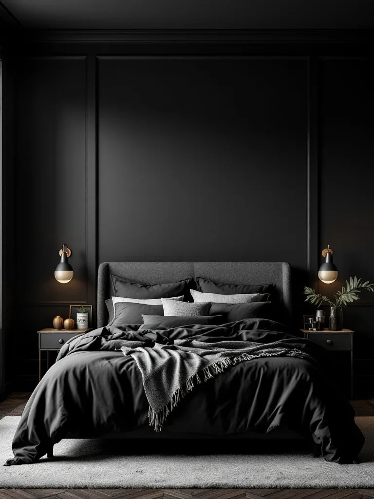 A dark bedroom featuring black board and batten walls, a plush bed with layered black and gray bedding, and stylish wall sconces.