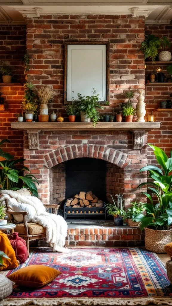 Boho living room with a brick fireplace, plants, and cozy furnishings