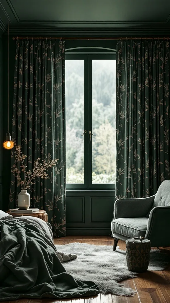 A dark green bedroom featuring botanical print curtains, a cozy chair, and a soft rug.