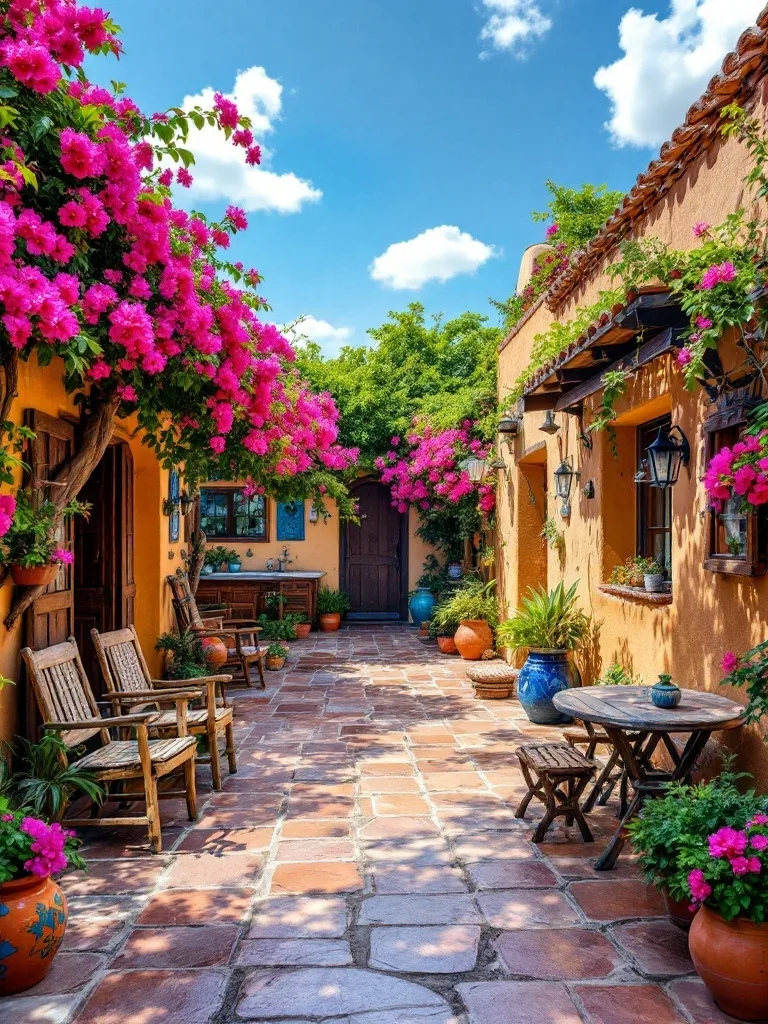 A vibrant Mexican patio decorated with bougainvillea flowers, rustic wooden chairs, and colorful pots.