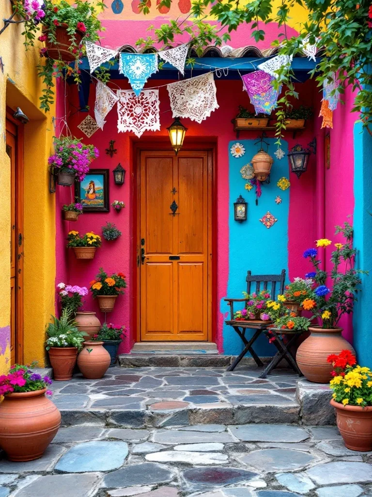 A vibrant Mexican patio with colorful walls, potted flowers, and papel picado decorations.