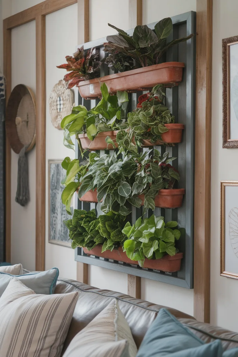 Vertical garden displayed above a couch with various green plants.