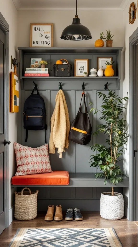 A stylish entryway with a bench, wall hooks, and decorative plants, catering to both kids and adults.