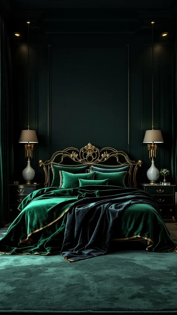 Luxurious dark green bedroom with velvet bedding and elegant lighting