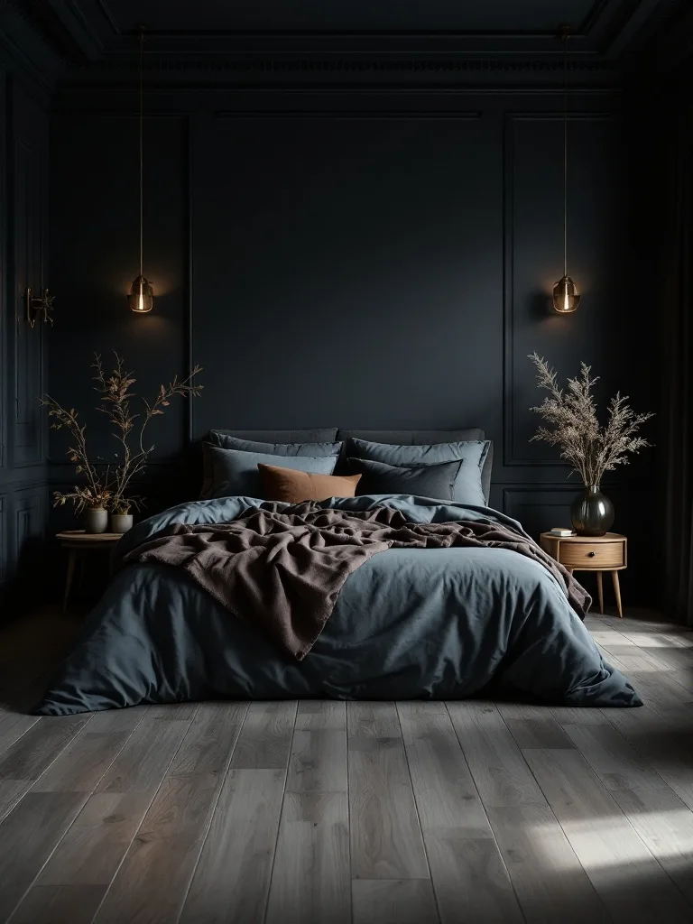 A moody dark bedroom with subdued flooring, dark walls, and cozy bedding.