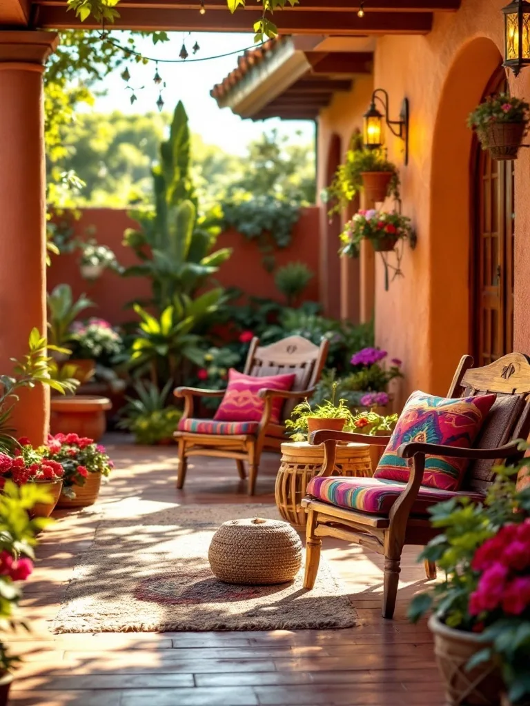 A cozy patio featuring classic wooden chairs with colorful cushions, surrounded by vibrant plants and flowers.