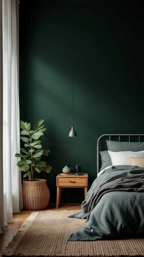 A cozy dark green bedroom featuring warm wood tones, a bed with gray blankets, and a plant in a basket.