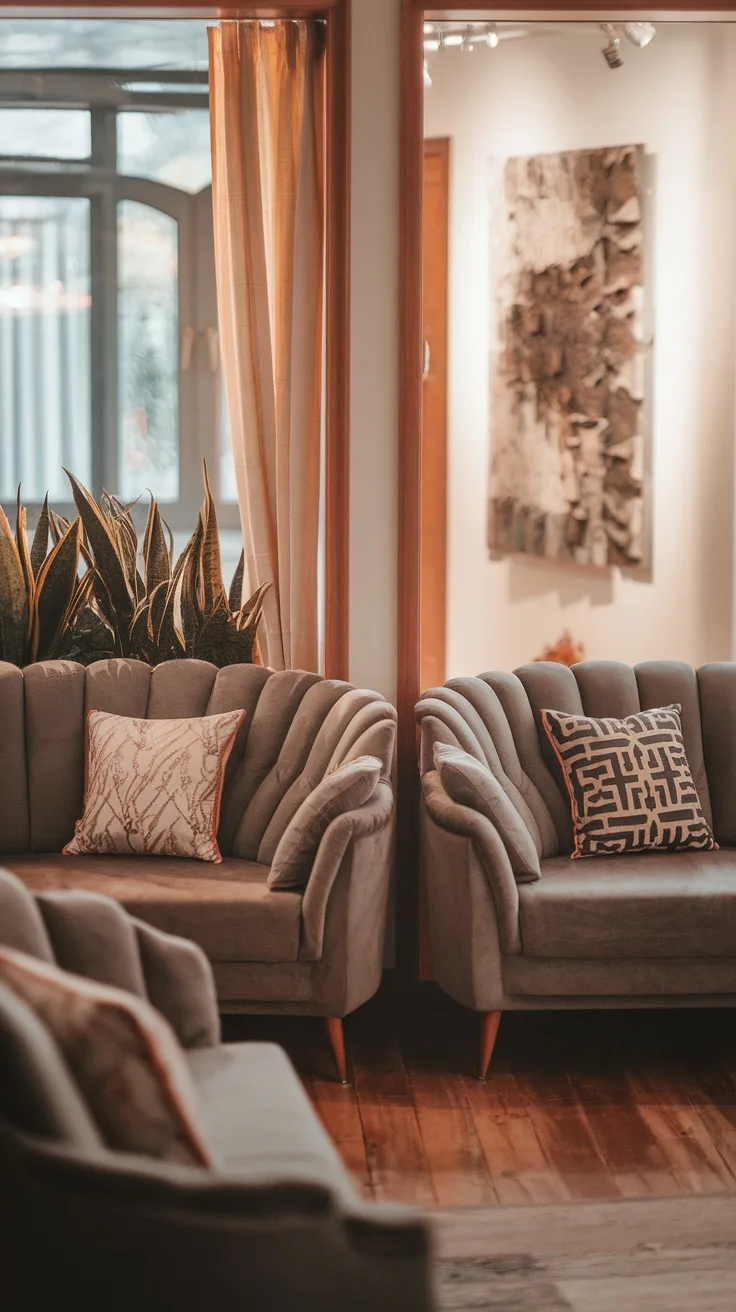 A cozy living room with two stylish couches facing each other, cozy cushions, and artistic wall decor.