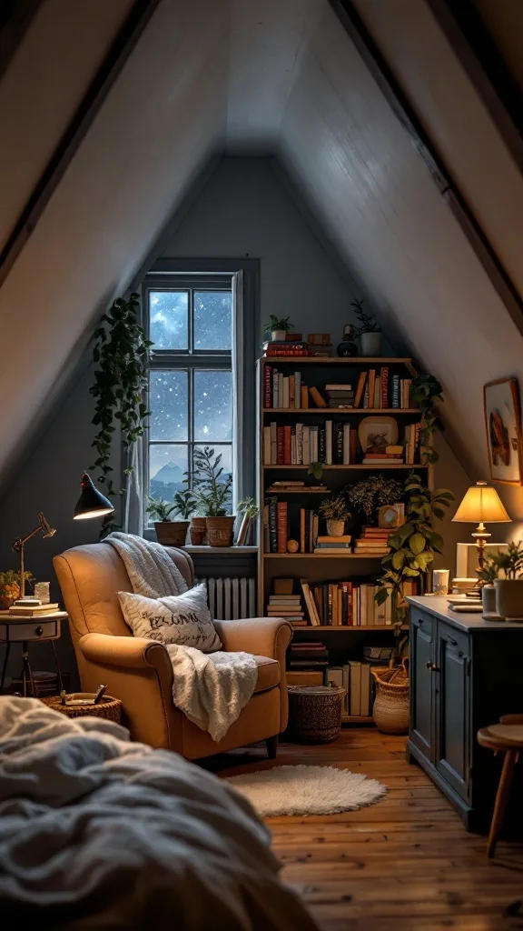 Cozy attic reading corner with an armchair, bookshelf, and plants