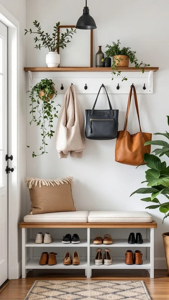 A stylish entryway shoe station featuring a bench, shoe storage, plants, and hanging bags.