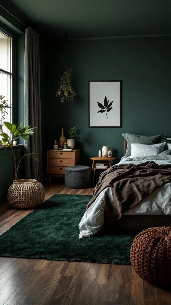 A cozy dark green bedroom featuring a dark green rug, green walls, and wooden furniture.