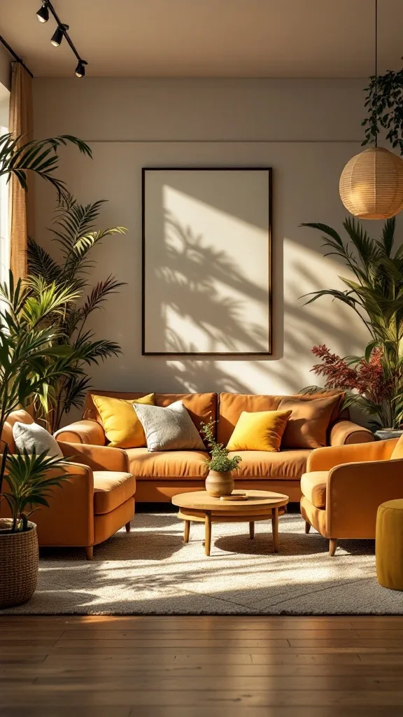 A cozy living room with earth-toned sofas and chairs, surrounded by plants and natural light.