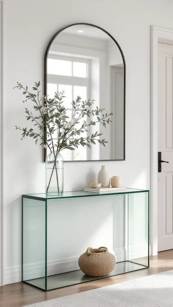 A modern entryway featuring a glass console table with a mirror above it, decorated with a vase and minimalist decor.