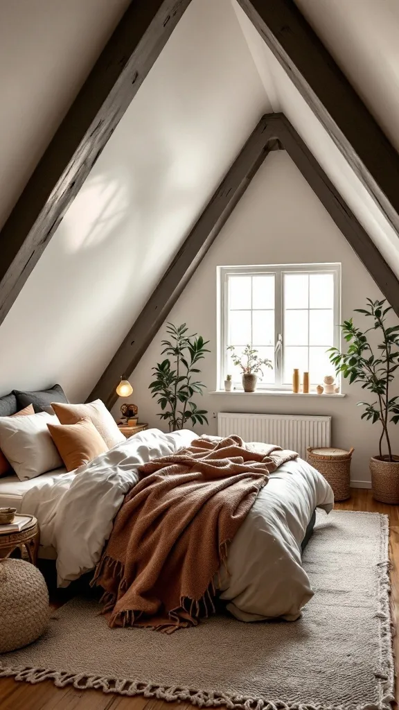 Cozy attic bedroom featuring sloped ceilings, wooden beams, and natural decor