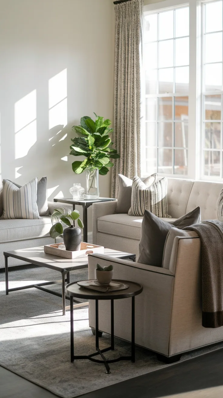 A cozy living room featuring two light-colored couches, a coffee table, and decorative plants.