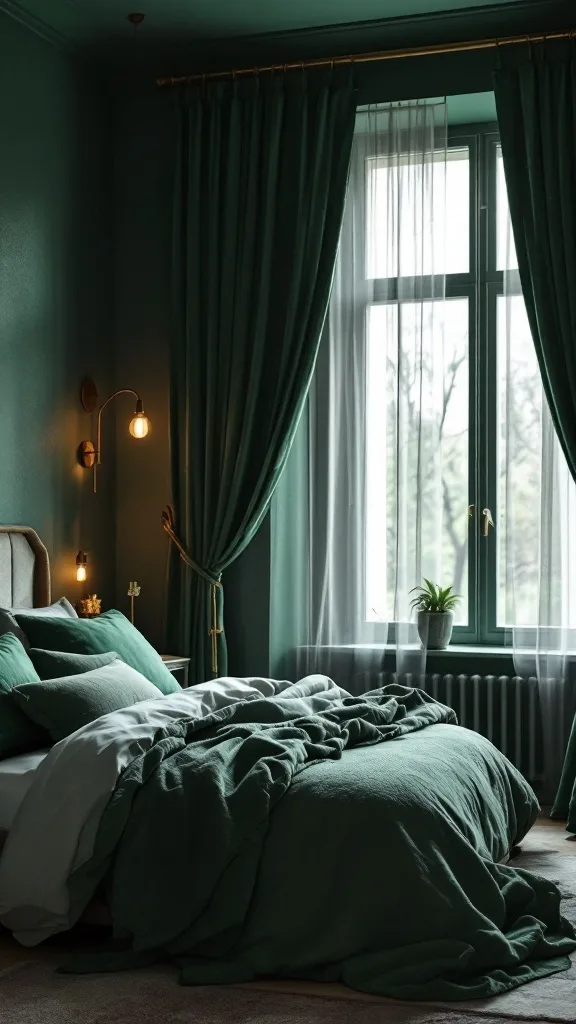 A dark green bedroom with green curtains, cozy bedding, and soft lighting.