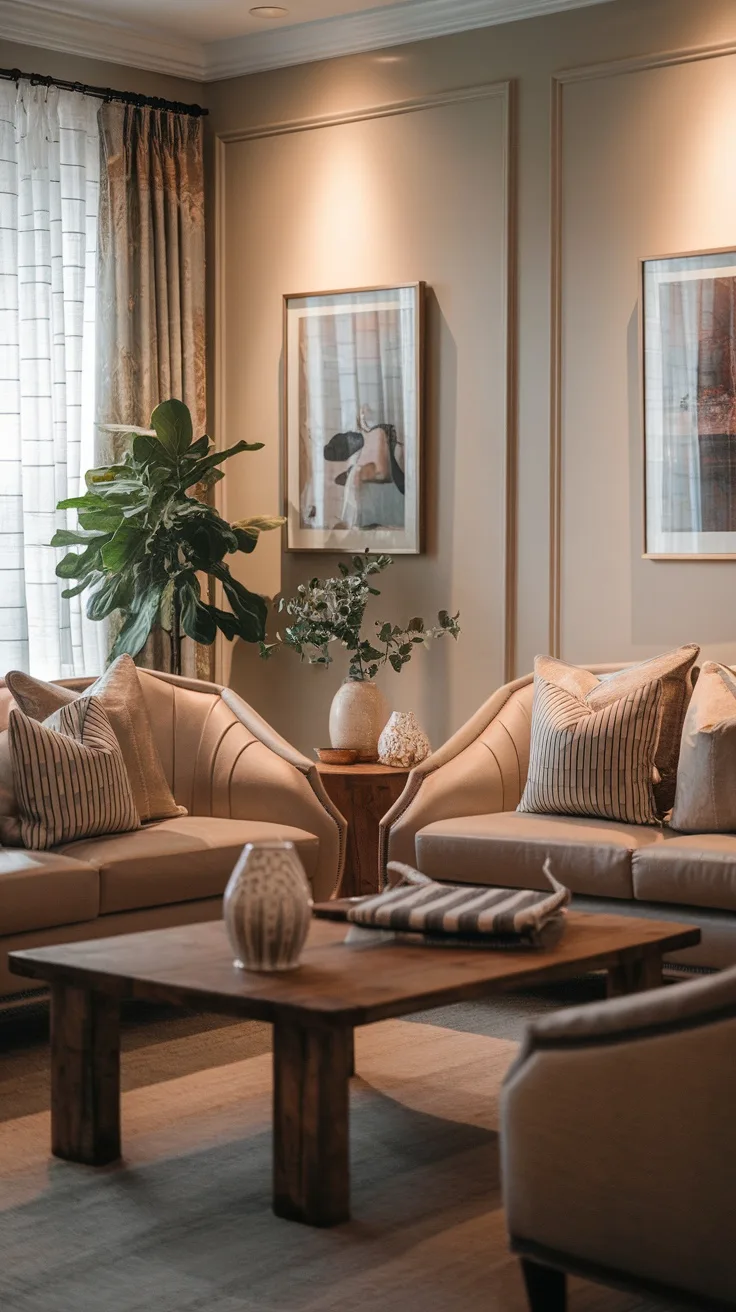 A cozy living room with two angled couches, a wooden coffee table, and decorative plants.