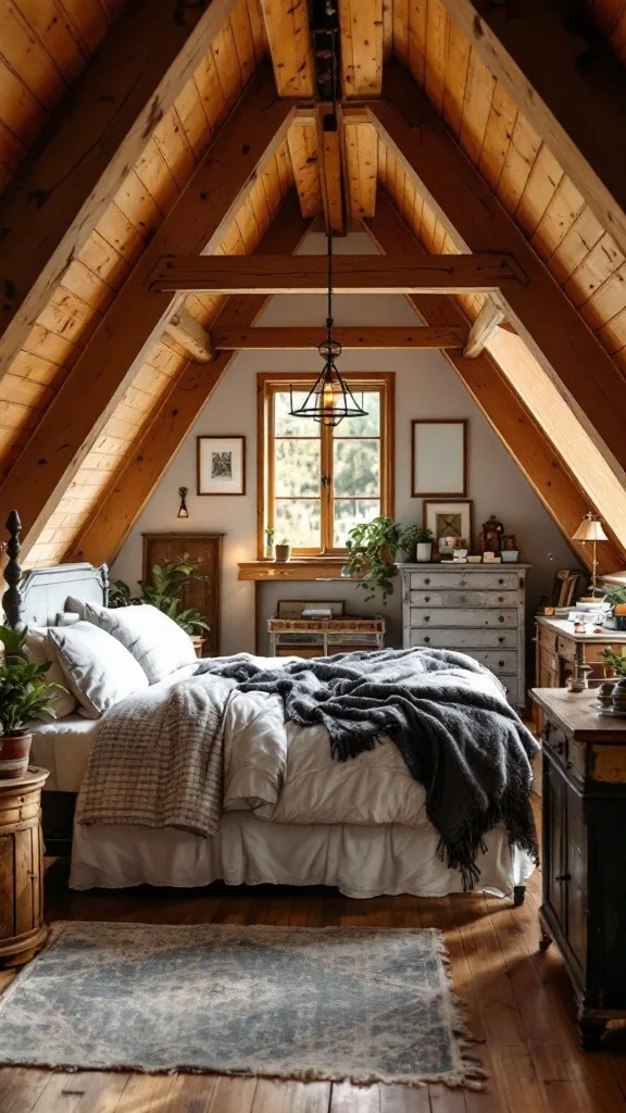 Cozy farmhouse-inspired attic bedroom with wooden beams, plants, and rustic furniture