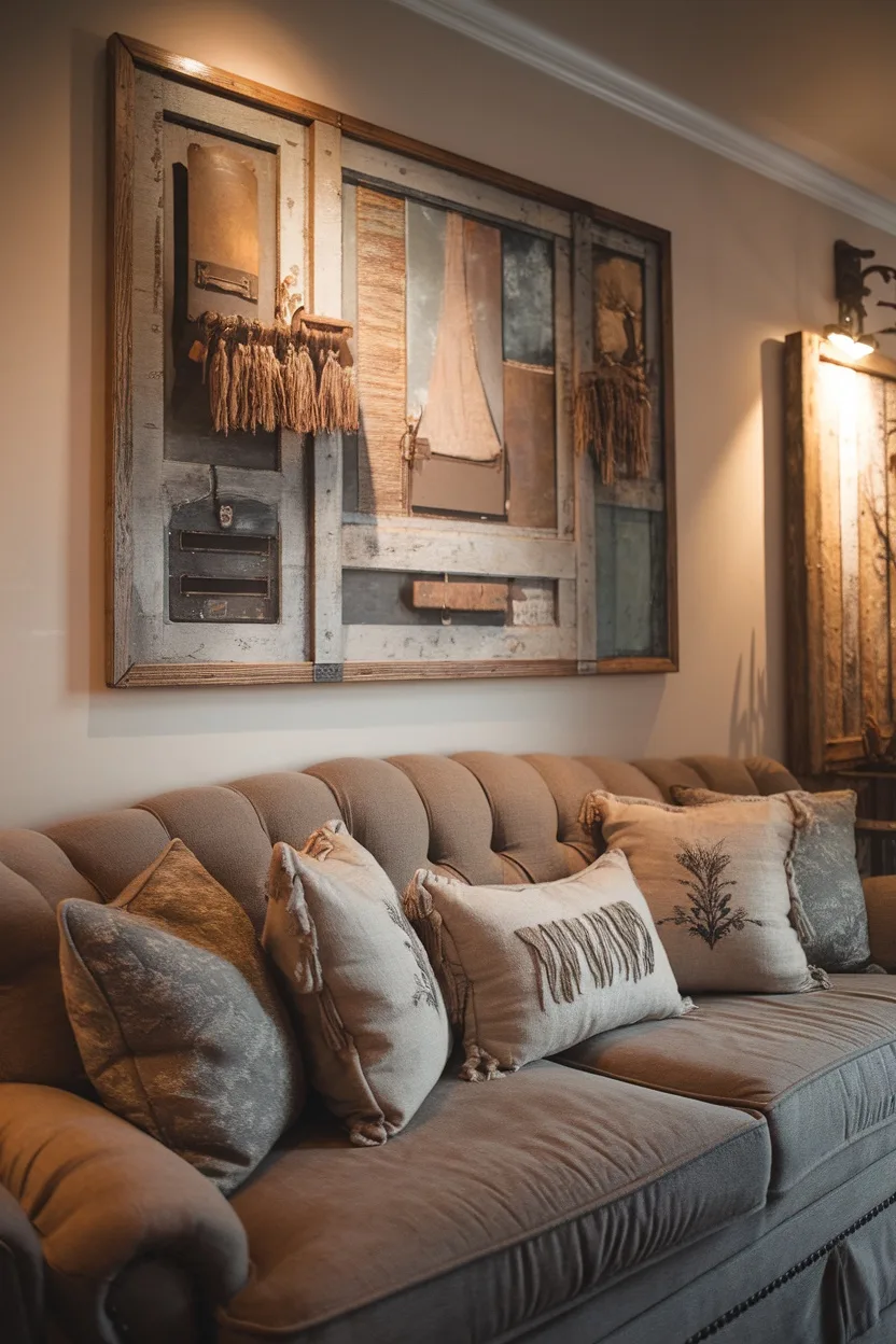 A vintage art piece made of various materials hangs above a cozy couch with decorative pillows.