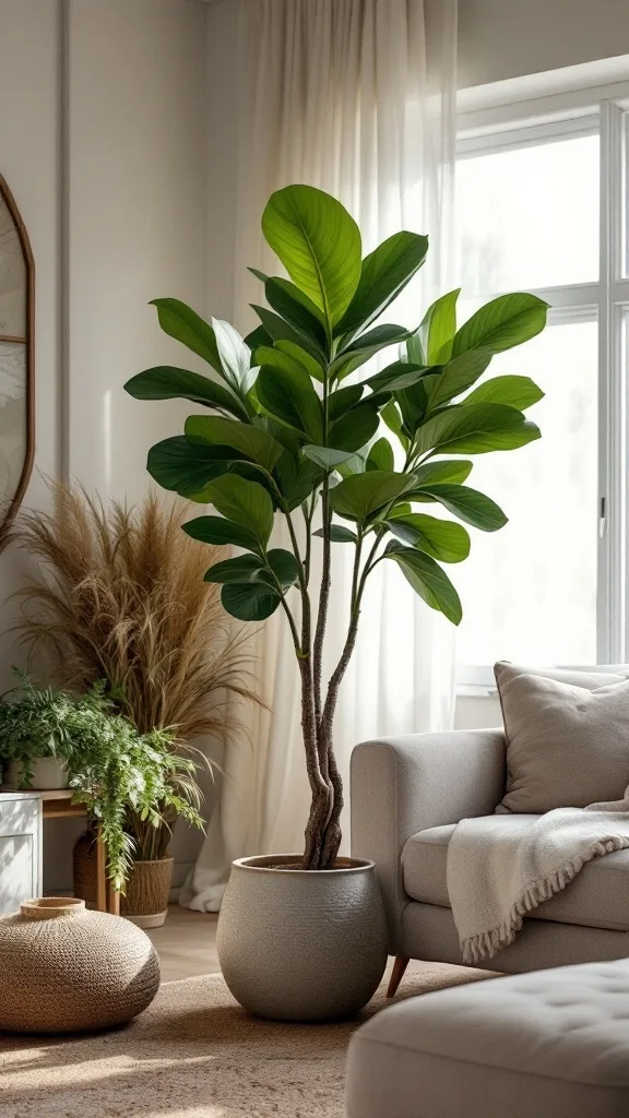 A fiddle leaf tree in a stylish living room with natural light