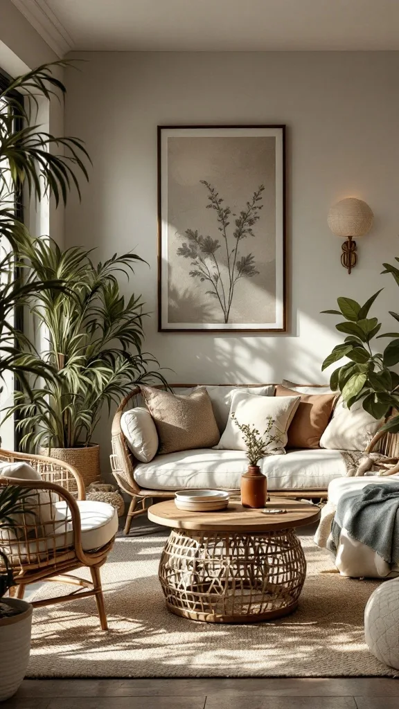 A cozy living room featuring wicker and rattan furniture with greenery and soft decor.