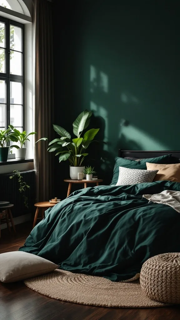 A cozy bedroom featuring dark green bedding, plants, and natural light.