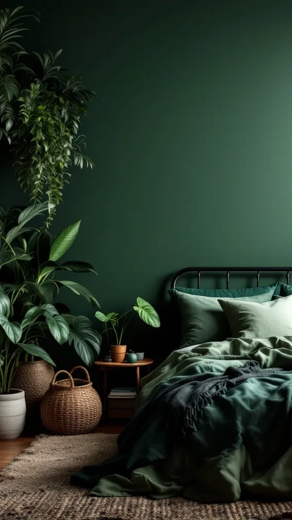 A dark green bedroom featuring lush tropical plants, a cozy bed with layered green textiles, and natural woven decor.