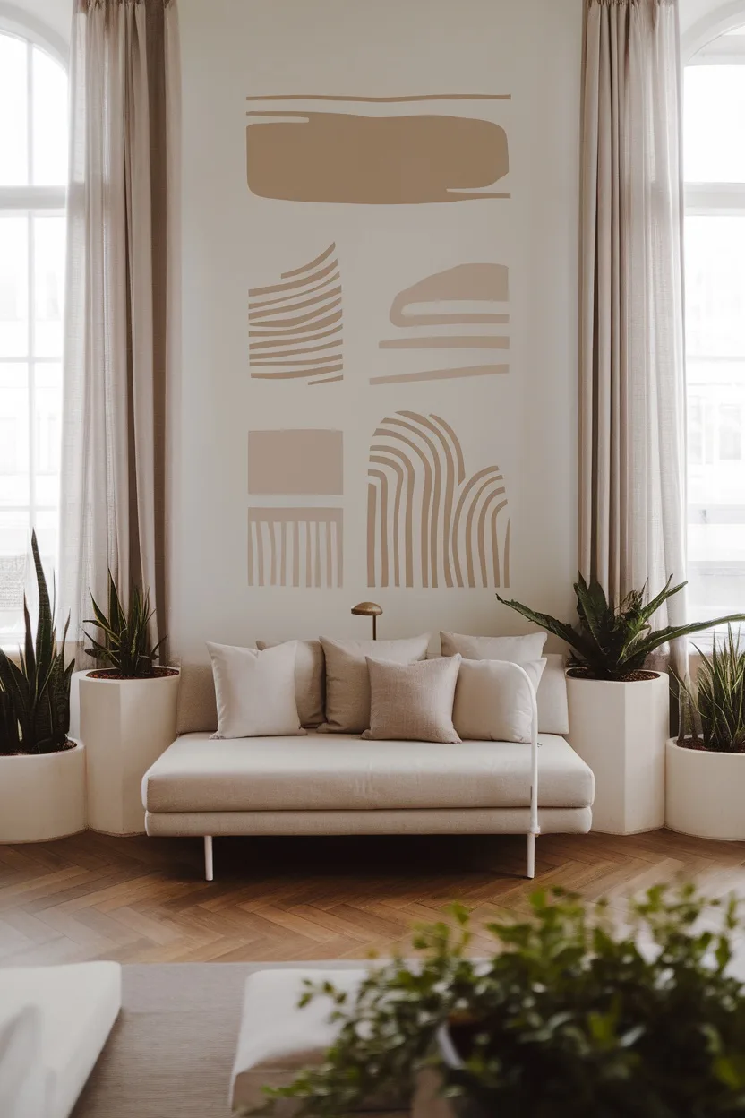 A minimalistic living room with a simple wall decal above a couch, featuring neutral colors and plants.