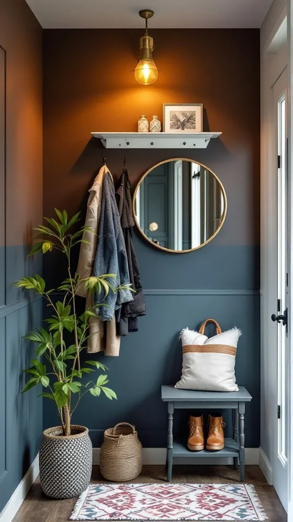 A small entryway featuring a dark accent wall, a round mirror, and a cozy seating area with plants and coats.