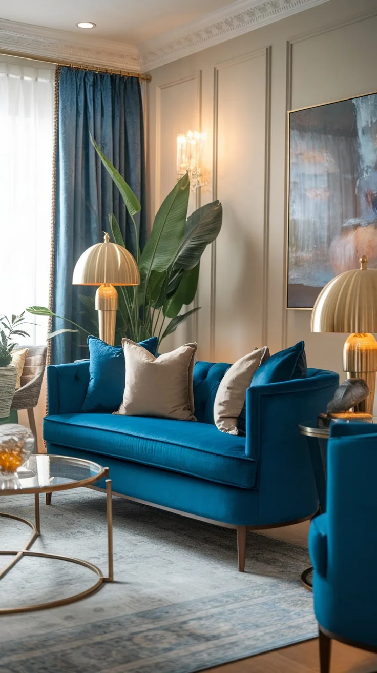 A bright living room featuring regal blue sofas, soft pillows, elegant lighting, and decorative plants.