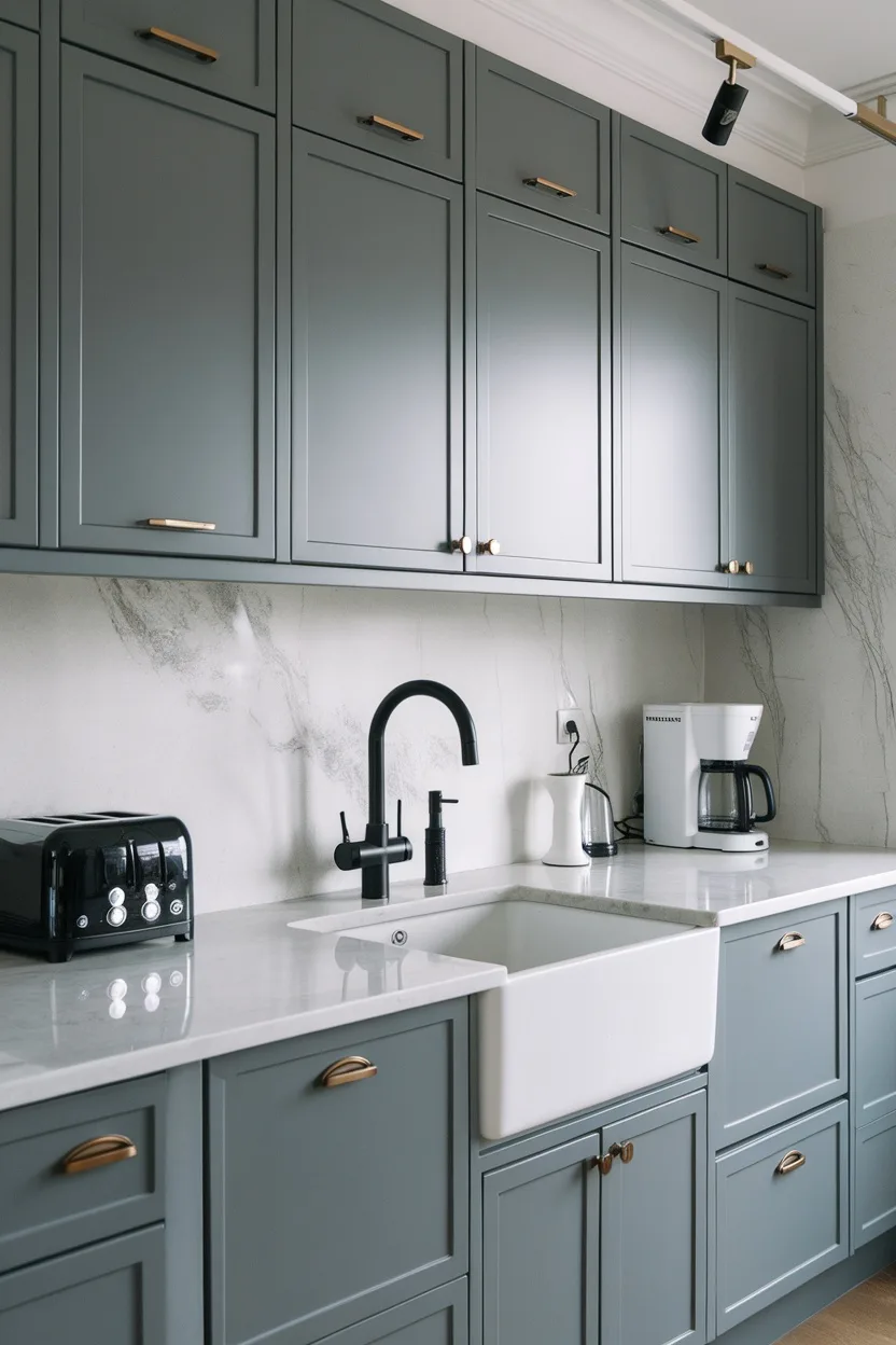 Modern kitchen with gray cabinets and black hardware