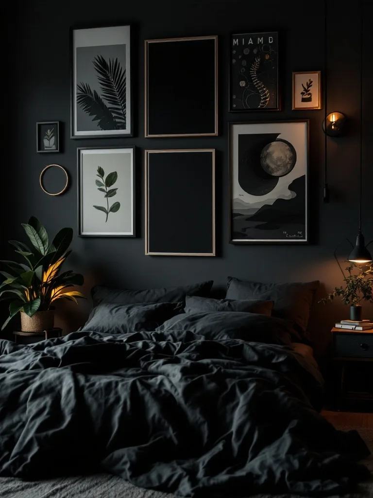 A dark bedroom featuring a gallery wall with various framed artworks, including botanical prints and abstract designs.