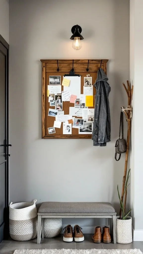 A cozy entryway with a notice board, hooks for coats, a bench, and baskets for shoes.