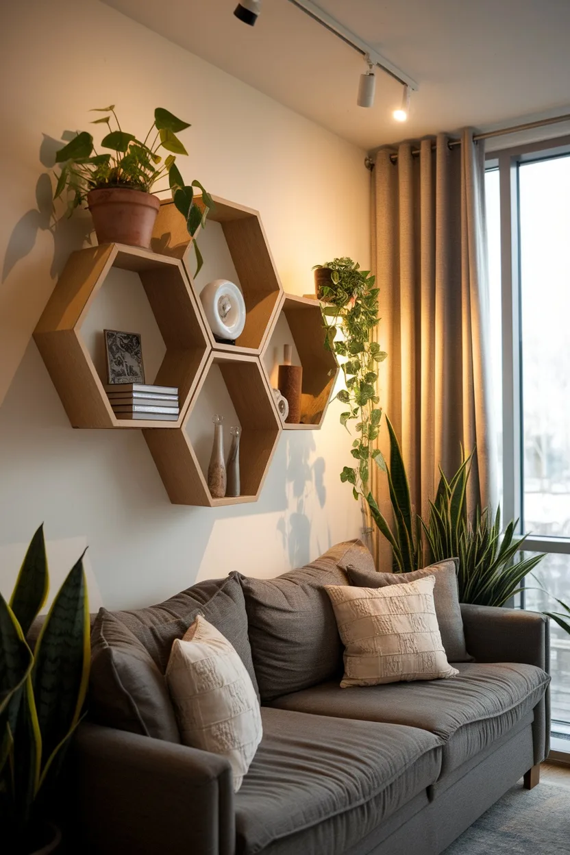 A cozy living room setup featuring hexagon shelves above a couch, showcasing plants and decorative items.