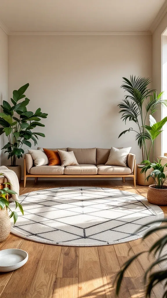 A cozy living room featuring a round geometric rug, beige sofa, and green plants.