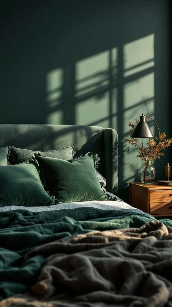 A cozy bedroom featuring hunter green accent pillows on a bed, surrounded by dark green walls and soft bedding.