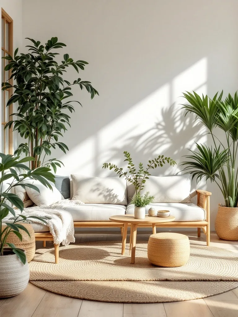 A cozy Japandi living room featuring natural wood furniture, plants, and woven textiles