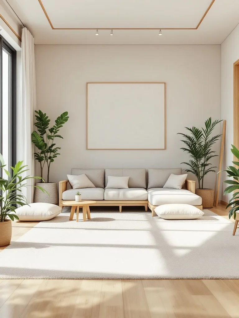 A light and airy living room featuring low profile seating, including a soft sofa and floor cushions, surrounded by plants.