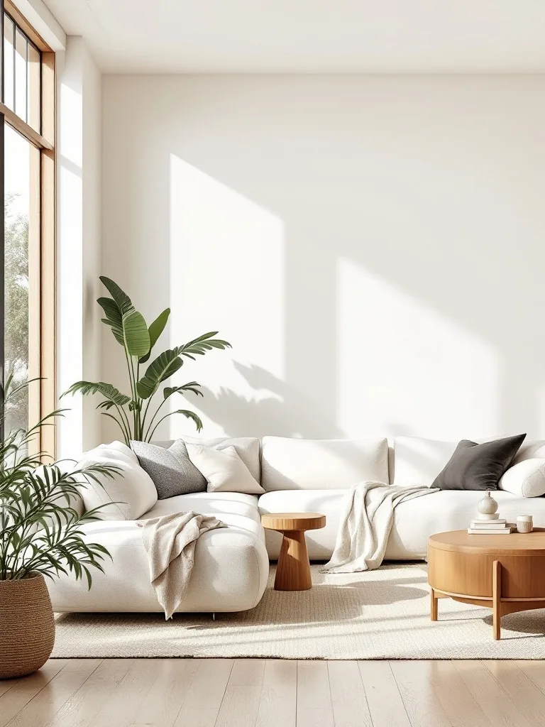 A Japandi living room featuring a soft curved sofa, round coffee table, and indoor plant.