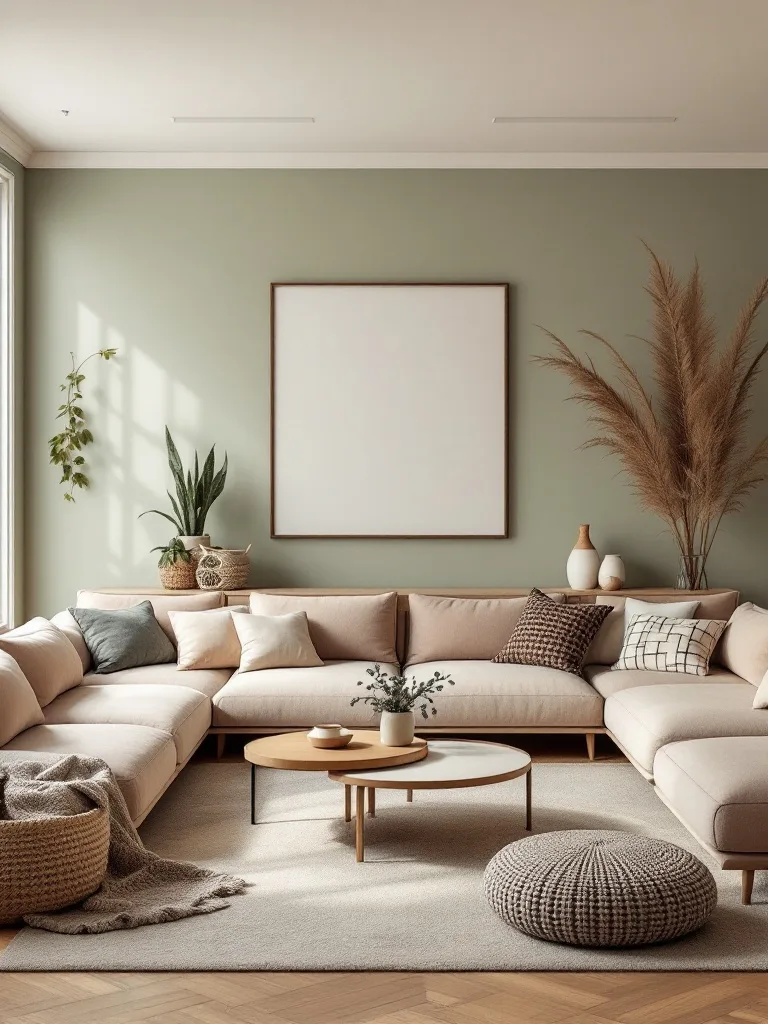 Japandi living room with muted colors and natural elements.